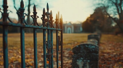 Rusty gate with spikes on it is in front of a house