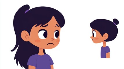 A cartoon illustration of a young girl with a sad expression on her face.
