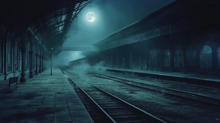 Obraz premium Moonlight Over Empty Train Station