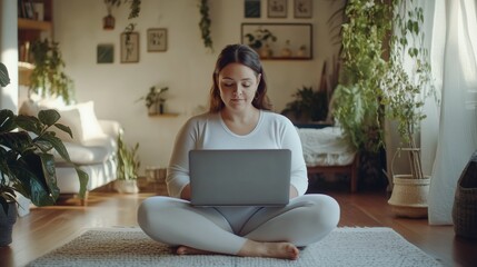 White chubby woman practicing Pilates online laptop motivational quotes focus. AI generated