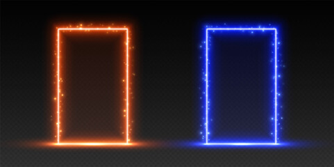 Neon arches with sparkles, orange and blue glowing portals, futuristic gates, magic LED frames. Ice and fire entrance concept. Vector illustration.