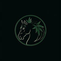 Fototapeta premium A black and white illustration of a horse's head, with green marijuana leaves around it, in a circle.