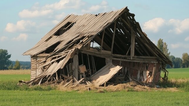 Dilapidated old barn with a broken roof and a hole in the side