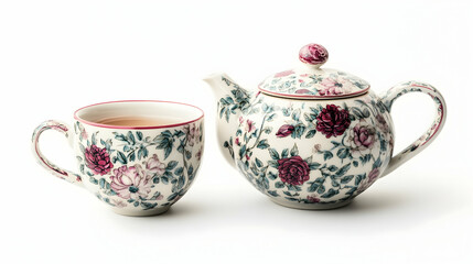 Floral Teapot and Cup Set, teacup, flowers, pattern, porcelain, china
