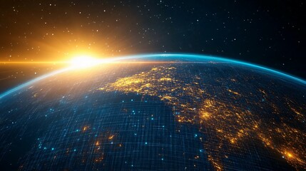 Fototapeta premium Digital Globe with City Lights and a Rising Sun