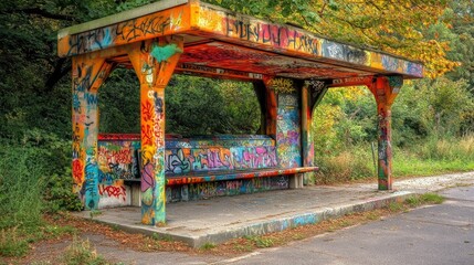 Graffiti covered bus stop with a bench and a trash can