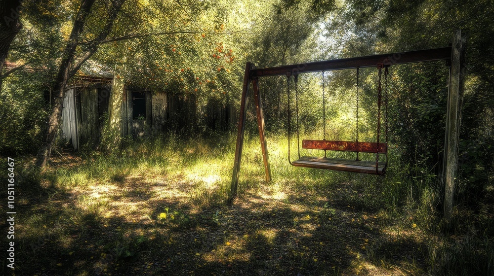 Poster swing is hanging from a tree in a field
