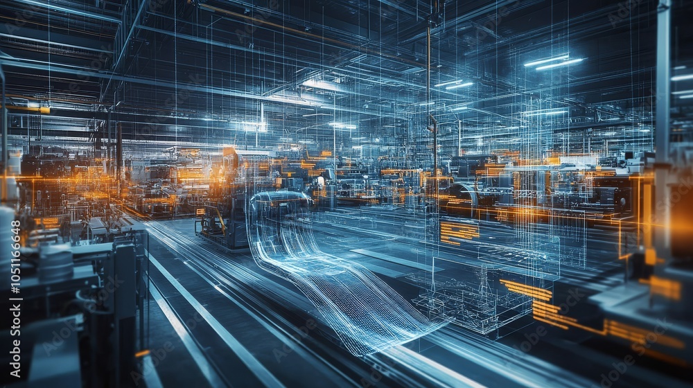 Poster innovative vision of a smart factory integrating advanced technology.