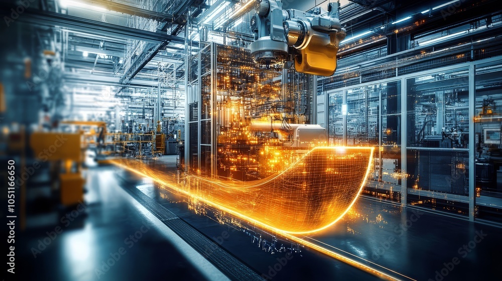 Poster innovative vision of a smart factory integrating advanced technology.