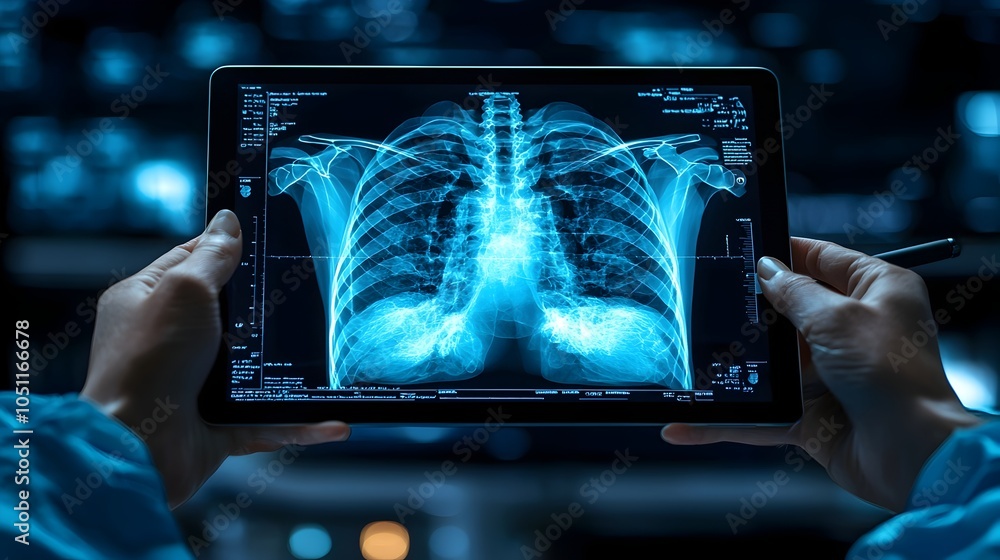 Poster radiologist examining digital medical scans on tablet device in a flat design the image depicts a he