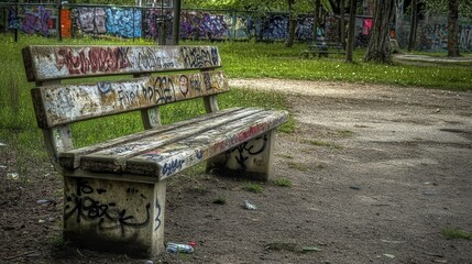 Fototapeta premium Bench with graffiti on it sits in a park