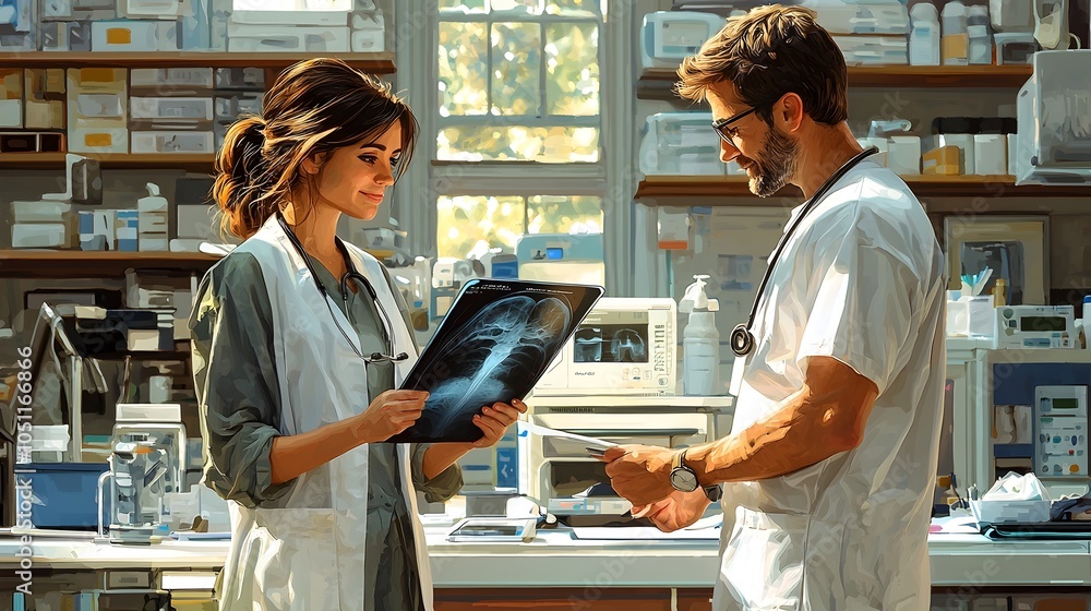 Poster of a doctor discussing an x ray scan with a patient in a modern hospital setting using a flat design