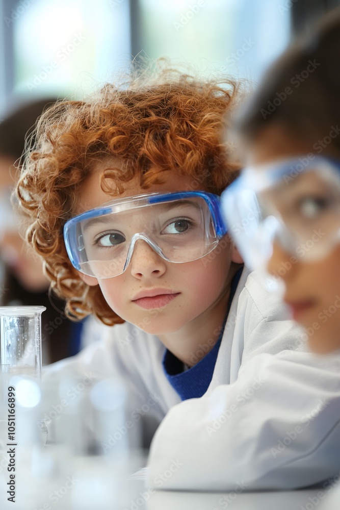 Poster a science lab where students conduct experiments. they wear safety goggles and take notes as they ob