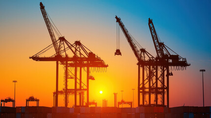 Obraz premium Sunset over industrial cranes silhouetted against vibrant sky, showcasing beauty of machinery and nature in harmony. scene captures moment of tranquility amidst bustling port activity