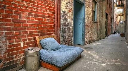 Blue futon is sitting on a brick wall in a narrow alleyway