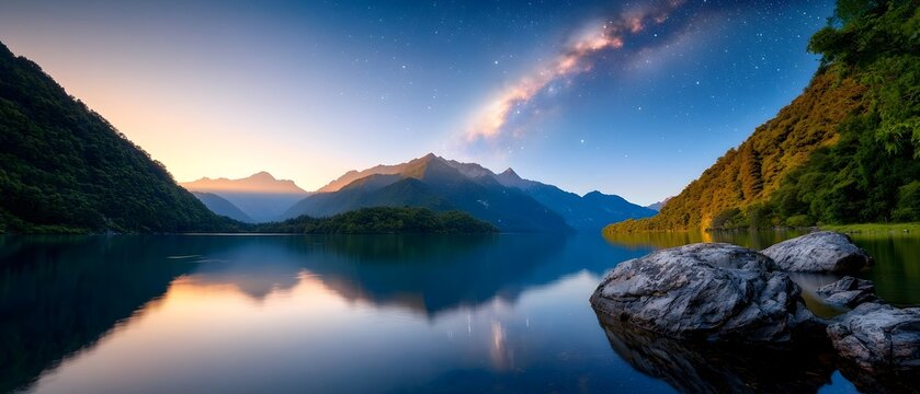 Breathtaking image of the Milky Way galaxy arching majestically above an old stone bridge spanning a calm reflective river  The celestial scene is mirrored in the still waters below