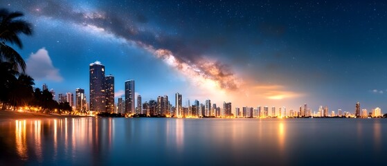 Fototapeta premium Breathtaking panoramic shot showcasing the Milky Way galaxy arching majestically over a vibrant city skyline