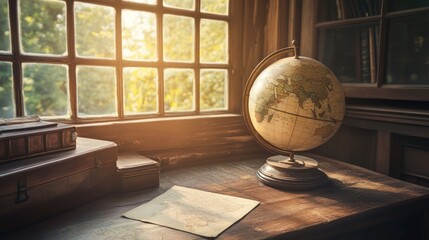 A Vintage Globe and Map on a Wooden Desk in a Room with a Window