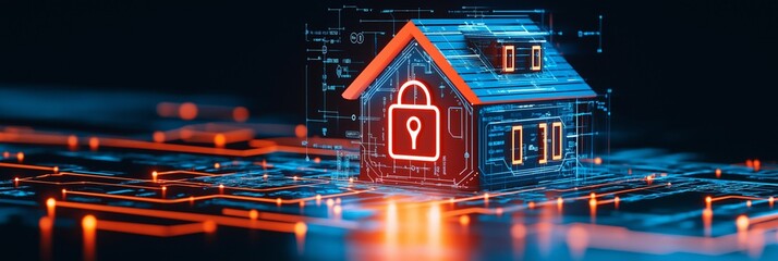 Digital home with security lock and network data visualization.