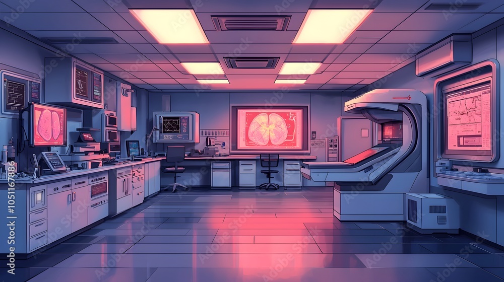 Poster cutting edge radiology lab with futuristic digital equipment sleek monitoring screens and advanced d
