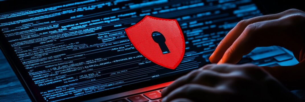 Hand typing on laptop with security icon and code in background, focus on cybersecurity.