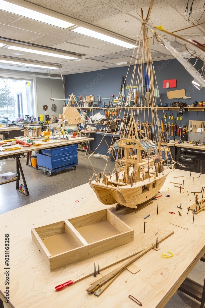 Poster a workshop filled with tools and materials. students learn hands-on skills while building projects t