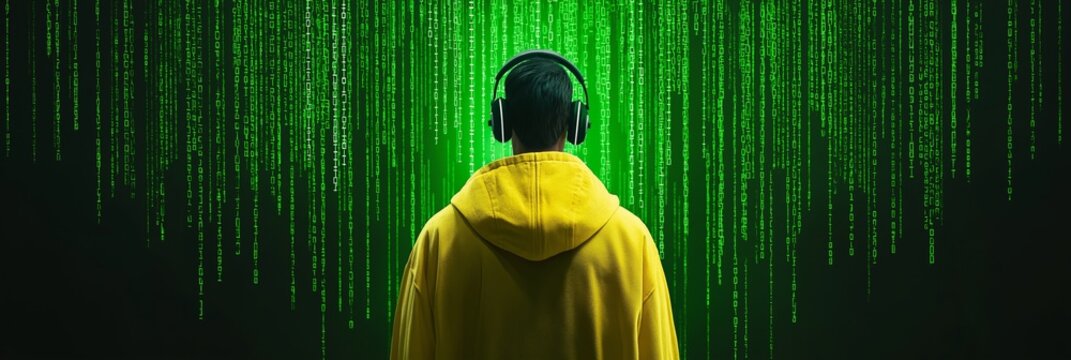 Person in a yellow hoodie with headphones, against a green digital background.