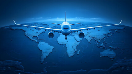 Obraz premium Airplane Flying Over World Map, aircraft, aviation, air travel, journey, global