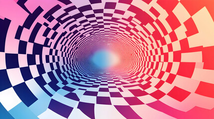 Abstract Checkerboard Tunnel with Gradient Colors, background, pattern, pink, blue, red