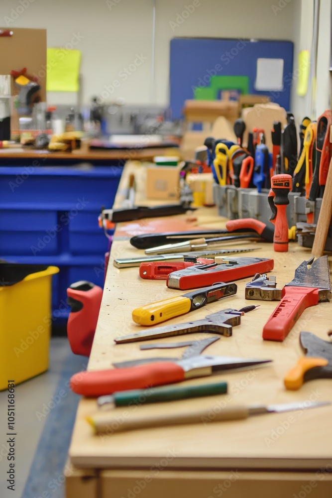 Poster a workshop filled with tools and materials. students learn hands-on skills while building projects t