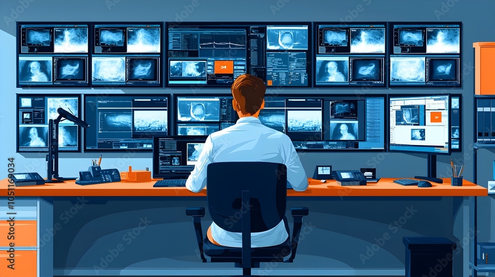 Poster flat design of a medical professional monitoring and analyzing multiple x ray results displayed on d