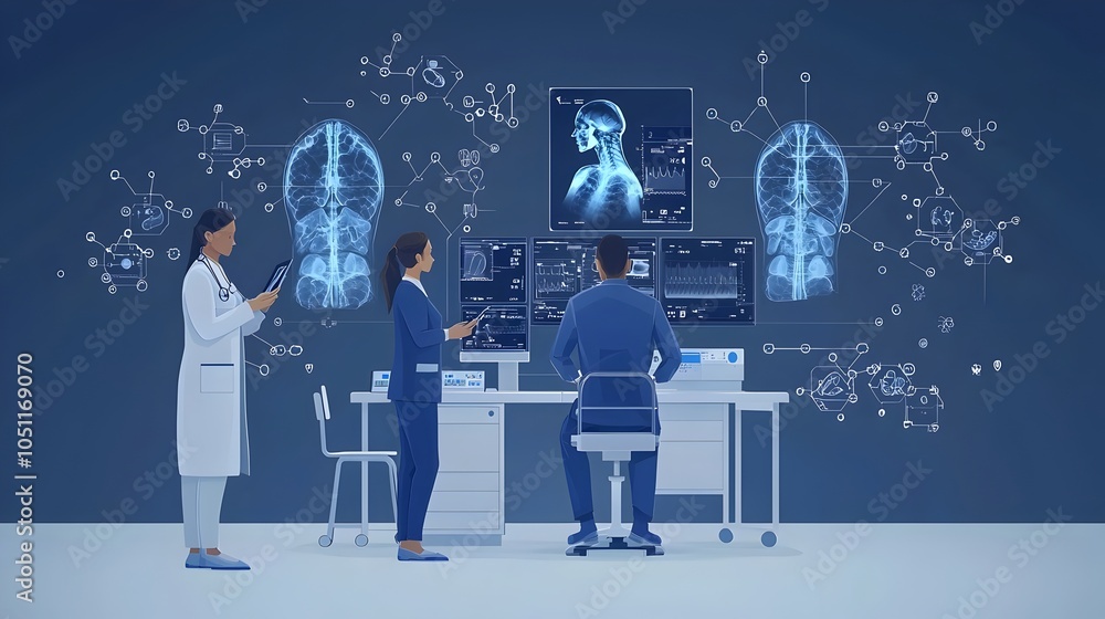 Poster of a modern x ray scan room with doctors monitoring patient data in real time on a digital dashboard