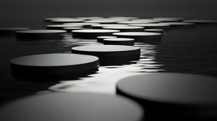 Black Circular Stepping Stones on Water, reflection, ripples, minimalist, abstract, design
