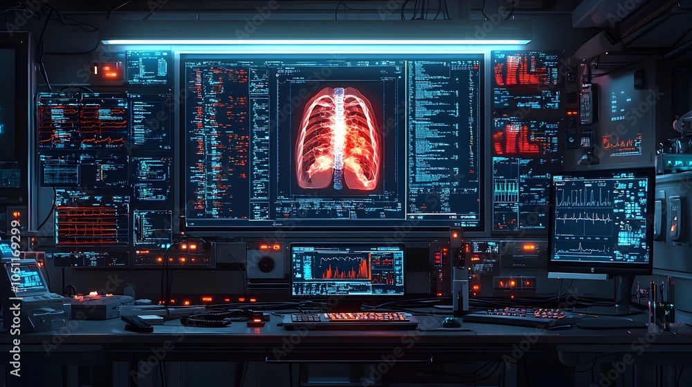 Poster futuristic high tech monitoring system displaying an x ray scan with a minimalist flat design the im