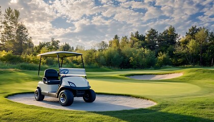 Fototapeta premium A golf cart parked near a sand trap on a sunny golf course with lush greenery.