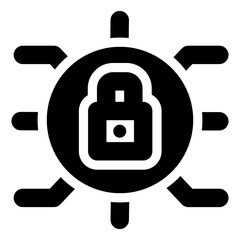 Cybersecurity icons in black and white, depicting various digital security concepts, including shields, locks, data networks, and privacy symbols. Ideal for use in tech.