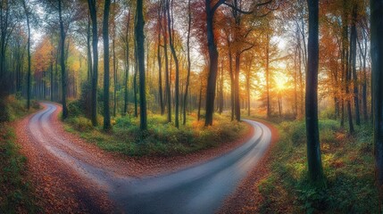 Obraz premium A winding road through a forest with autumn leaves, leading to a vibrant sunset.