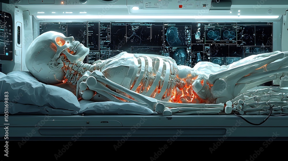 Poster flat design of a patient undergoing a real time x ray scanning and monitoring procedure for medical 