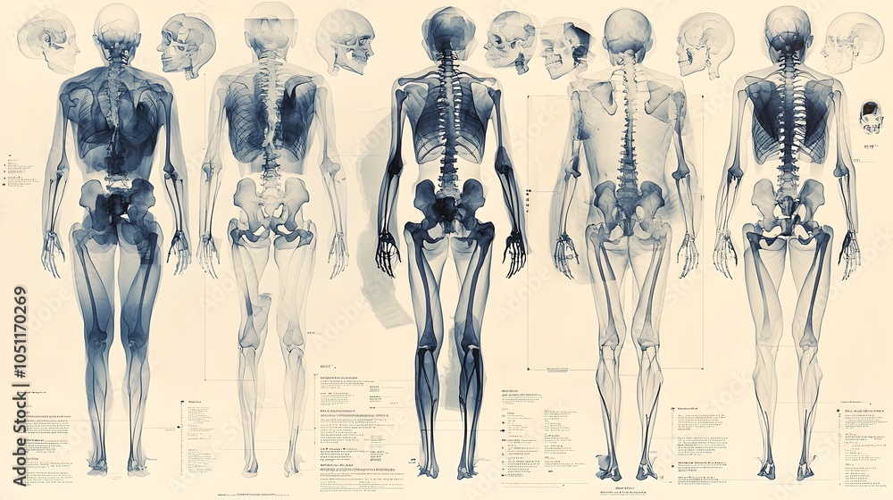 Poster detailed x ray style of skeleton bones with detection results displayed on a clean white background 