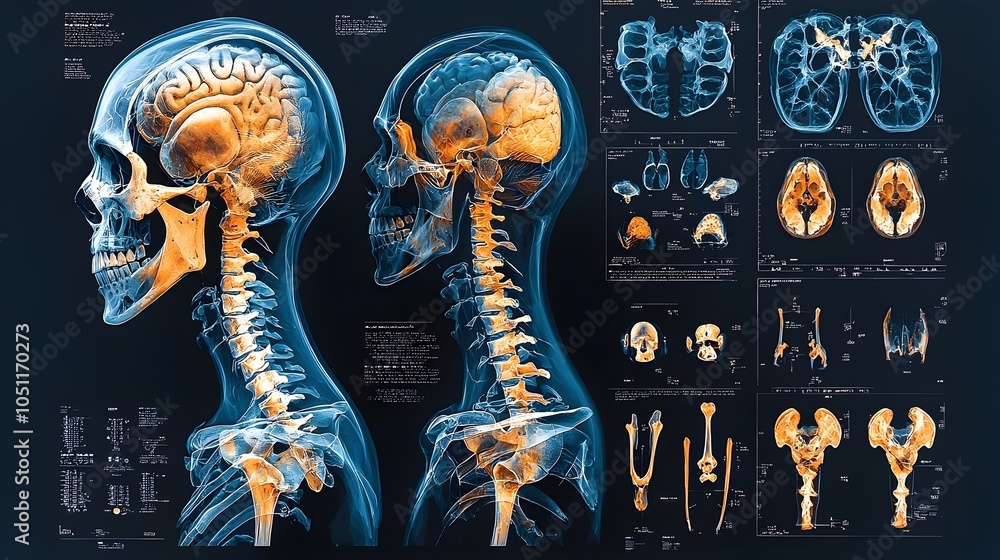 Poster x ray skeletal examination with medical detection system analysis displayed on clean white backgroun