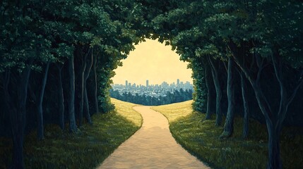 Obraz premium Pathway through trees leading to a city skyline at sunset, creating a serene atmosphere.