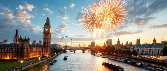 Fototapeta premium Mesmerizing fireworks burst into colorful sparks and explosions illuminating the night sky above a lively riverside festival