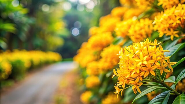 Vibrant yellow Peltophorum pterocarpum flowers with leading lines