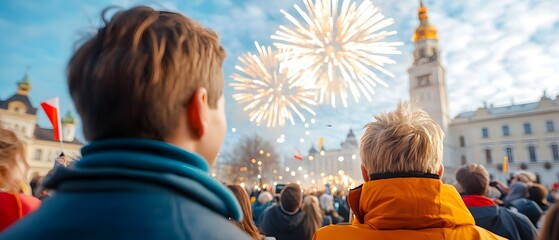 Fototapeta premium Breathtaking fireworks finale illuminating the night sky over a historic town square with a lively festival crowd gathered below to witness the dazzling pyrotechnic display
