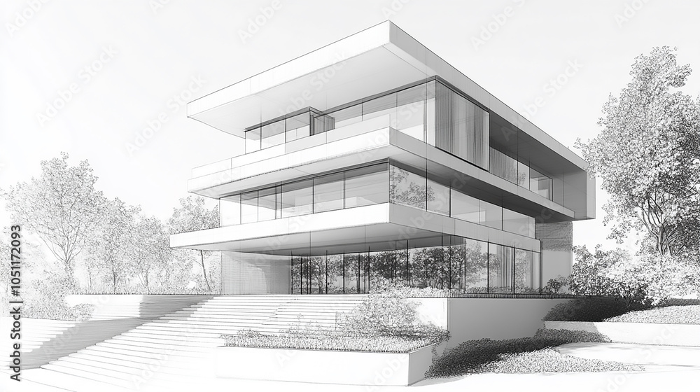 Poster a detailed architectural rendering showcasing a modern house design with precise lines, highlighting