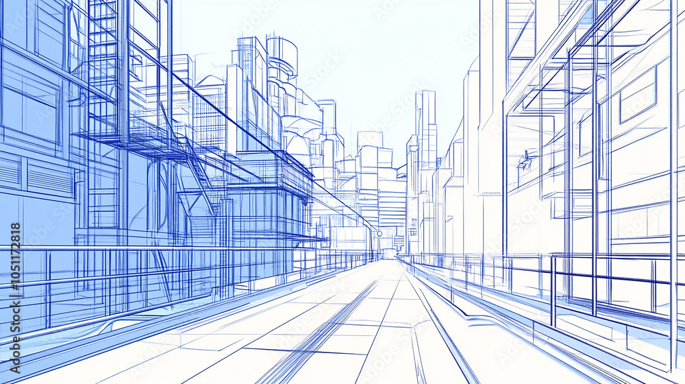 Poster outline drawings of colorful abstract modern urban buildings and architecture line art illustration 