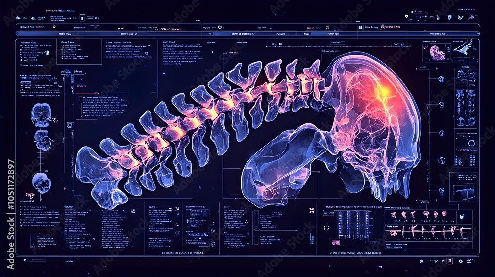 Poster minimalist digital depicting an x ray scan showing skeletal abnormalities or bone deformities on a c