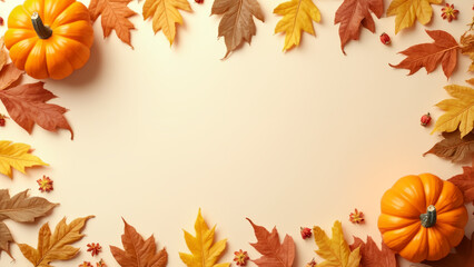 Autumn background decoration from dry leaves and pumpkin on a light surface