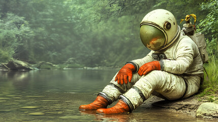 Obraz premium Astronaut Contemplating Nature by the River, space suit, helmet, water, forest, trees