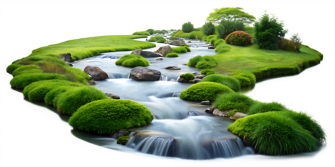 Flowing river of bluegrass mimicking water movement through a serene garden setting, providing a calming visual flow, isolated on white background as transparent. PNG. AI GENERATED.